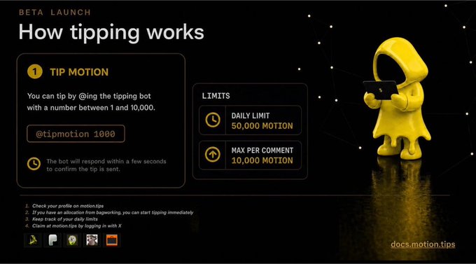 An infographic titled "How tipping works" for Motion's beta launch shows users can tip by tagging @tipmotion with a number between 1 and 10,000 MOTION, with a daily limit of 50,000 MOTION and a max of 10,000 MOTION per comment. This relates to the post by illustrating one of the simple activities mentioned—tipping creators—through which users can earn $MOTION tokens.