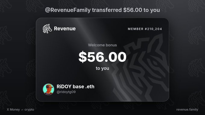 Digital receipt showing @RevenueFamily transferred $56.00 as a welcome bonus to RiDOY base .eth (@ridoytg09), marked as member #210,204.