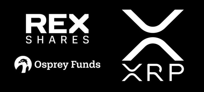 The image features the logos of "REX SHARES" and "Osprey Funds" alongside the stylized XRP ticker symbol, representing the REX-Osprey XRP ETF. These branding elements visually support the announcement about a new institutional 13F filing revealing exposure to the REX-Osprey XRP ETF.