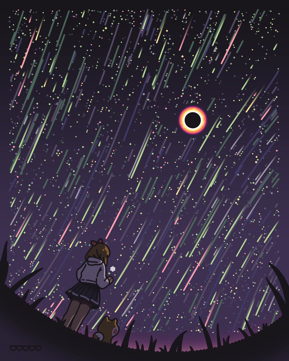 The image features a girl standing under a starry sky, looking up at the stars with a dog by her side. The girl appears to be enjoying the view of the night sky while holding a dog. The photo has been edited to give it a purple tint and is titled "Happy weekend ♡ (￣З￣) fidenstar #607  - 0.03 eth".