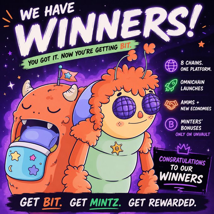 A vibrant promotional graphic celebrates "WE HAVE WINNERS!" with cartoon monsters sporting disco-ball eyes and space-themed accessories, announcing that winners "GOT IT. NOW YOU'RE GETTING BIT." The image highlights UnVault's offerings including "8 CHAINS. ONE PLATFORM," "OMNICHAIN LAUNCHES," "AMMS + NEW ECONOMIES," and "MINTERS' BONUSES ONLY ON UNVAULT," tying directly to the post's message about rewarding winners who recognize UnVault as more than a free mint—a full NFT trading platform with the tagline "GET BIT. GET MINTZ. GET REWARDED."