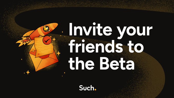 The image features an illustration of a rocket ship emerging from an envelope alongside the text "Invite your friends to the Beta" and "Such." at the bottom. It serves as a promotional graphic encouraging businesses to join the beta program, complementing the post's tip about using promo code "MuchDoge" to accept Dogecoin.