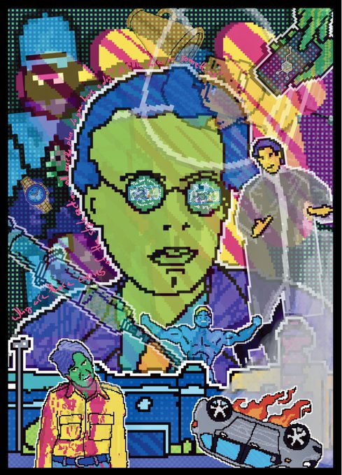 A vibrant, pixel-art style collage featuring a large green face with sunglasses, a muscular figure, a person in a yellow shirt, and a flipping car with flames against a colorful urban backdrop.