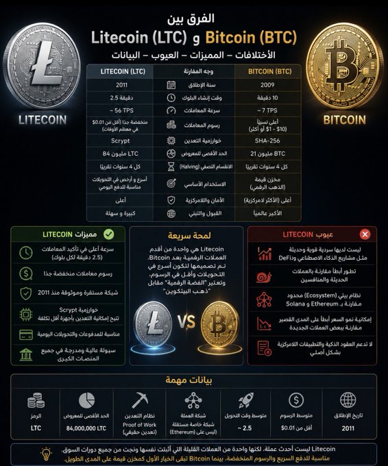 The focus of this image seems to be a comparison between Litecoin (LTC) and Bitcoin, with both coins displayed side by side. The LTC coin has been described as "not the newest project," implying that it might have been around longer than Bitcoin or hasn't experienced the same rapid growth in popularity. Furthermore, LTC is referred to as being more accessible and easier for everyday people to use compared to Bitcoin. This comparison serves as an overview of these two different cryptocurrency projects on a website, aiming to educate users about the various aspects of Litecoin and Bitcoin before making investment decisions or engaging with them on social media platforms like Twitter.