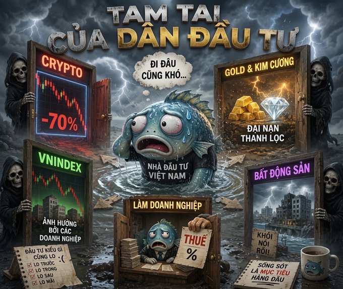 The image is a satirical Vietnamese illustration titled "TAM TAI CỦA DÂN ĐẦU TƯ" (The Three Calamities of Investors), depicting a distressed fish labeled "NHÀ ĐẦU TƯ VIỆT NAM" surrounded by grim reapers and obstacles representing investment pitfalls: a Crypto door showing "-70%", "Gold & Kim Cương - Đại Nạn Thanh Lọc", "VNIndex - Ảnh Hưởng Bởi Các Doanh Nghiệp", "Làm Doanh Nghiệp - Thuế %", and "Bất Động Sản - Khôi Nợi Rối / Sống Sót Là Mục Tiêu Hàng Đầu", with thought bubbles reading "ĐI ĐÂU CŨNG KHỔ..." (No matter where you go,
