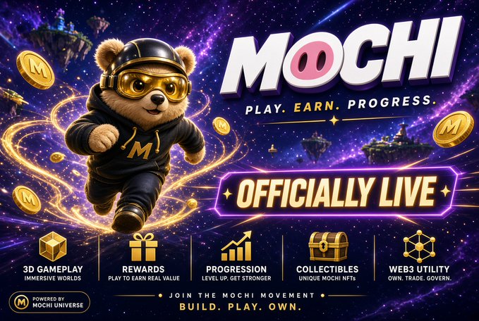 A promotional graphic for 'MOCHI' featuring a 3D animated bear character wearing a helmet and goggles, with text including 'PLAY. EARN. PROGRESS.', 'OFFICIALLY LIVE', and 'POWERED BY MOCHI UNIVERSE'.