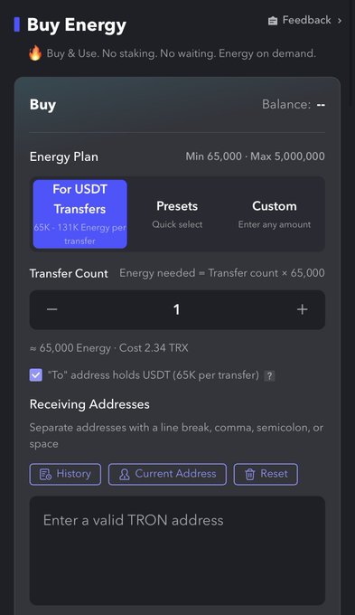 A dark-themed mobile app screen titled 'Buy Energy' for purchasing TRON (TRX) energy, showing options for USDT transfers, a quantity selector (set to 1, costing 2.34 TRX), and a field to enter a TRON receiving address.