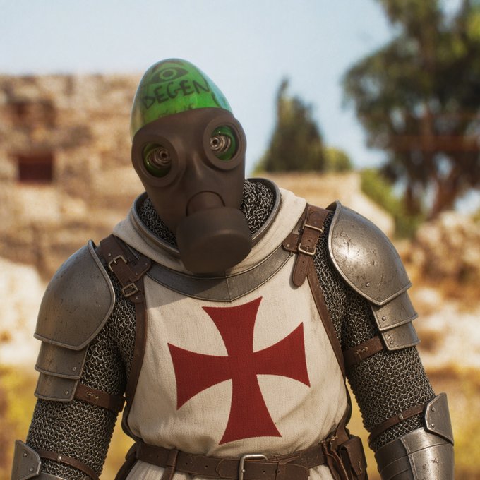 A digitally rendered knight wearing a medieval gas mask and chainmail armor with a red cross emblem on a white tabard, topped with a green dome helmet labeled 'DEGEN.'