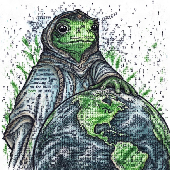A stylized artwork of a green lizard or gecko wearing a hooded cloak, holding a globe, with various internet meme references like 'krilo_HODL' and 'sumon blackSnow across tung' in the background.