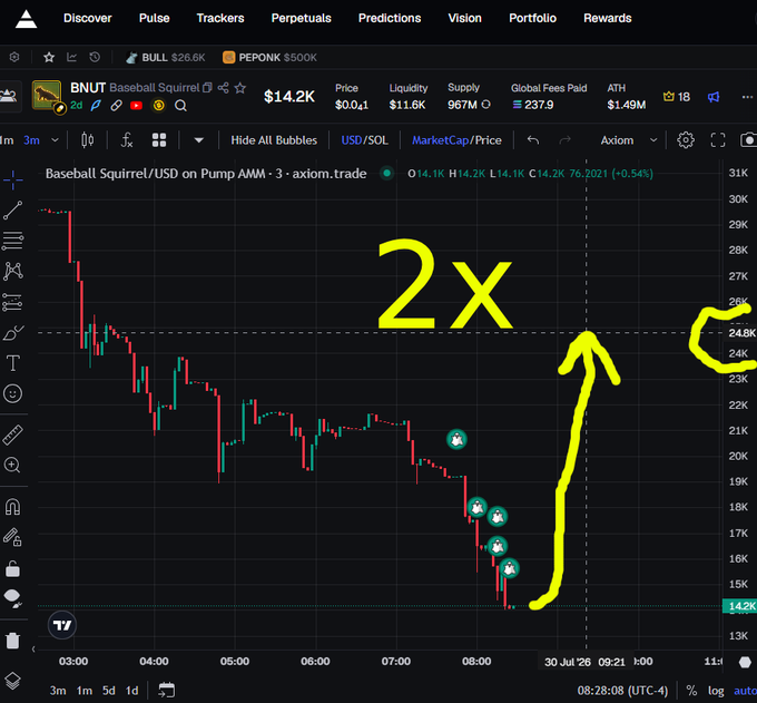 A cryptocurrency trading chart for BNUT (Baseball Squirrel) on Pump AMM showing a price of $14.2K, with yellow hand-drawn annotations indicating a '2x' target price around $24.8K.