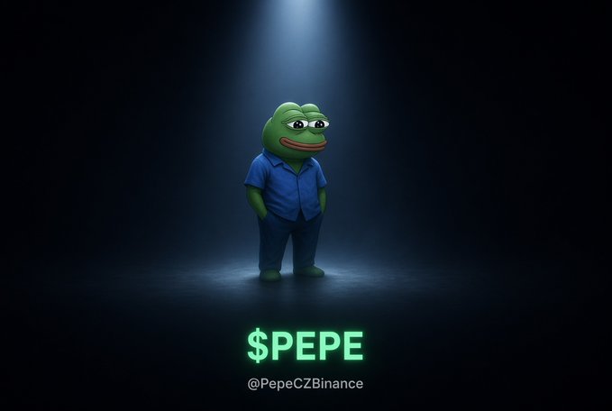 A 3D render of the Pepe the Frog meme character wearing a blue shirt and pants stands under a spotlight on a black background, with the text '$PEPE' and '@PepeCZBinance' below.