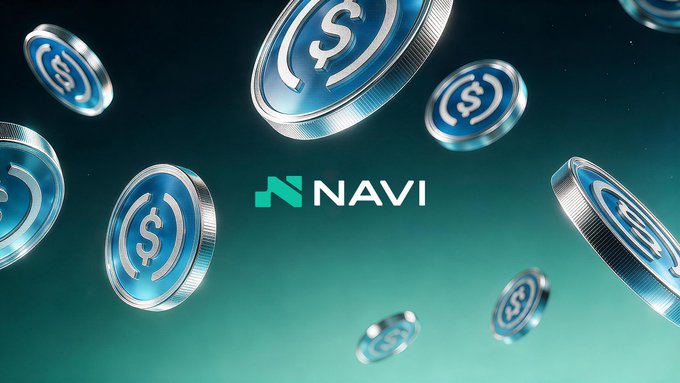 A 3D-rendered graphic featuring the NAVI Protocol logo surrounded by floating metallic coin tokens with dollar signs on a teal and dark gradient background.