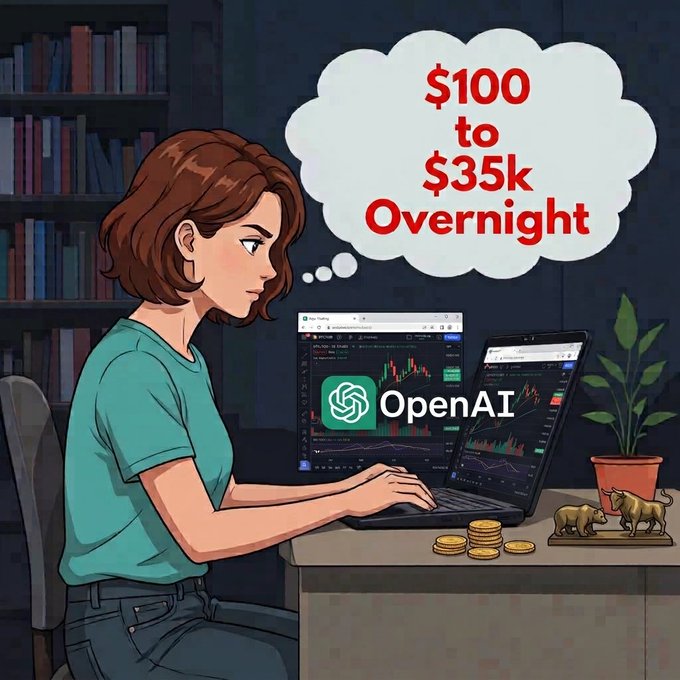 The illustration shows a woman at her laptop with cryptocurrency trading charts on screen and a thought bubble reading "$100 to $35k Overnight," alongside the OpenAI logo—visually representing the post's claim of building an AI trading bot using ChatGPT that supposedly turned a small investment into massive returns by analyzing market data.
