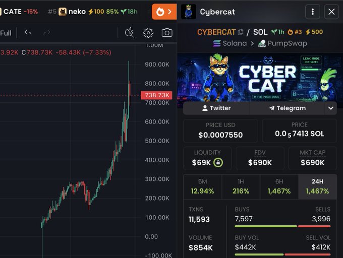 The image shows trading data for the meme coin "CYBERCAT" ($CYBERCAT) on the Solana/PumpSwap network, displaying metrics like a $0.0007550 price, $690K market cap, 216% gain in 1 hour, and $854K 24-hour volume. This visual evidence of strong recent price momentum and active trading supports the post's claim that $CYBERCAT is early, combining the viral "Cat Season" crypto narrative with TikTok's $CYBERLEEK trend.