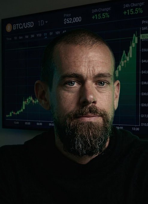 A serious-looking bearded man gazes forward in front of a BTC/USD chart showing Bitcoin at $52,000 with a +15.5% 24h change, visually reinforcing the post's message about Jack Dorsey's Block holding 9,117 BTC with massive unrealized gains.