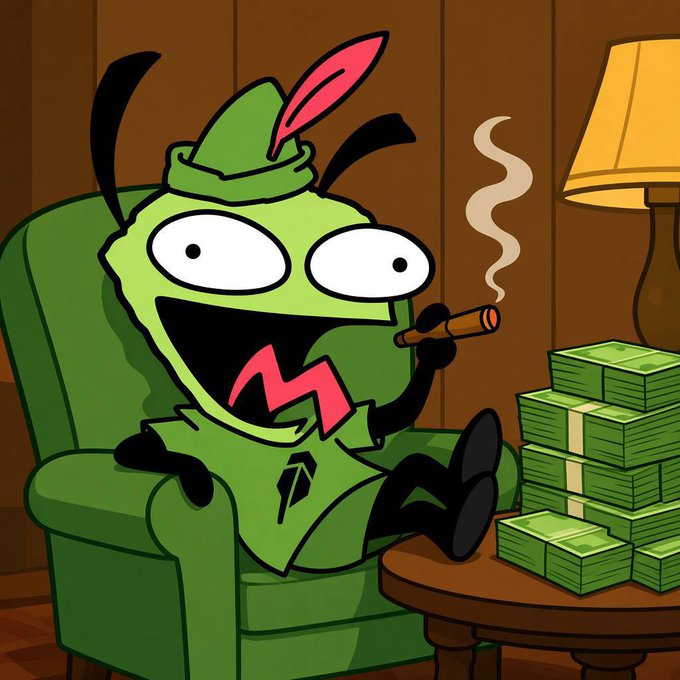 A cartoonish green mascot with a wide grin lounges in an armchair, smoking a cigar while surrounded by stacks of cash, embodying the confident "insider" tone of the $GIRI post. The relaxed, rich pose visually reinforces the caption's suggestion that $GIRI is in on something others aren't, while still cautioning viewers to DYOR.