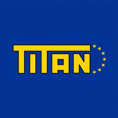 The yellow 'TITAN' logo of the cryptocurrency Titan Token on a blue background, accompanied by a circle of yellow stars resembling the European Union flag.