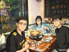 The image features three people sitting at a dining table, enjoying their meal together. One person is wearing glasses and has a black shirt with yellow text. The other two individuals are also dressed similarly, creating an atmosphere of camaraderie among them. They appear to be having a good time as they eat food from bowls placed on the table.

The post includes Chinese characters that read: "Is it not delightful to have friends come from afar? @DRbitcoin36 @ec_unoxx Ooo looks even more handsome now!ྀིྀིྀི Gave them a solid taste of @predictdotfun inside @BinanceWallet We're all set for the World Cup showdown!". The post seems to be promoting an event or gathering, possibly related to Chinese culture and cuisine.