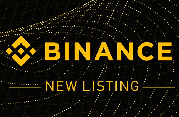 A Binance promotional graphic with bold yellow text reading "BINANCE NEW LISTING" against a dark background featuring an abstract dotted pattern, paired with a post asking the community which cryptocurrency Binance will list next from a list of candidates including $CASHCAT, $PAID, $WKC, $DOG, $TROLL, $TOSH, Hachiko, $AI, $VRA, $KAS, $DARK, and $GOOD.