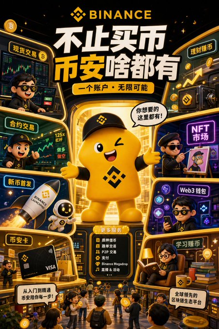 The image features a poster for Binance, which includes a cartoon character wearing a hat with a smiley face. The poster also contains various logos and text related to Bitcoin and cryptocurrency. There are several people depicted in the poster, including a man holding a wallet and another person using their phone. The overall atmosphere of the poster is vibrant and engaging, showcasing the exciting world of digital currency and its potential for financial growth.