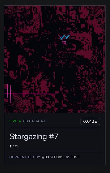An NFT listing page showing a dark abstract artwork titled 'Stargazing #7', live for 00:04:34:43, with a current bid of 0.013Ξ by @0x3FFD81...62FD9F.