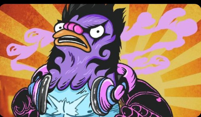A stylized cartoon illustration of a muscular purple anthropomorphic bird/duck character with an angry expression against an orange sunburst background.