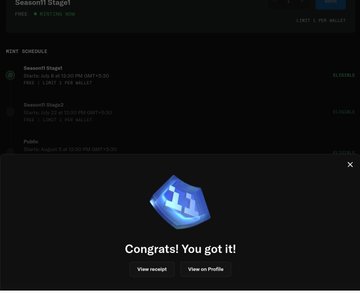 Dark-themed 'Season 1 Stage 1' rewards interface showing completed schedule and a modal that reads 'Congrats! You got it!' with a blue gem icon.