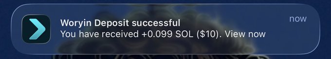 A mobile push notification from Woryin confirms a successful deposit of +0.099 SOL ($10), matching the recipient's grateful message thanking @Farmercist for the $10 tip.