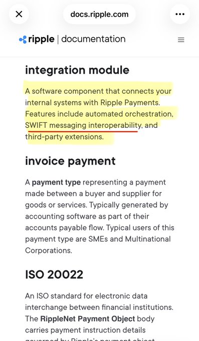 A screenshot of the official Ripple documentation page (docs.ripple.com) defining "integration module" as a software component connecting internal systems with Ripple Payments, highlighting the phrase "SWIFT messaging interoperability" in yellow to confirm Ripple's documented compatibility with SWIFT messaging standards.