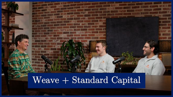 Three men sit together in a podcast setting with microphones in front of an exposed brick wall, with a "Weave + Standard Capital" banner displayed at the bottom. The image relates to the post by visually representing the interview with WorkWeave founders Adam and Andrew about their $13.5M Series A funding round led by Standard Capital.