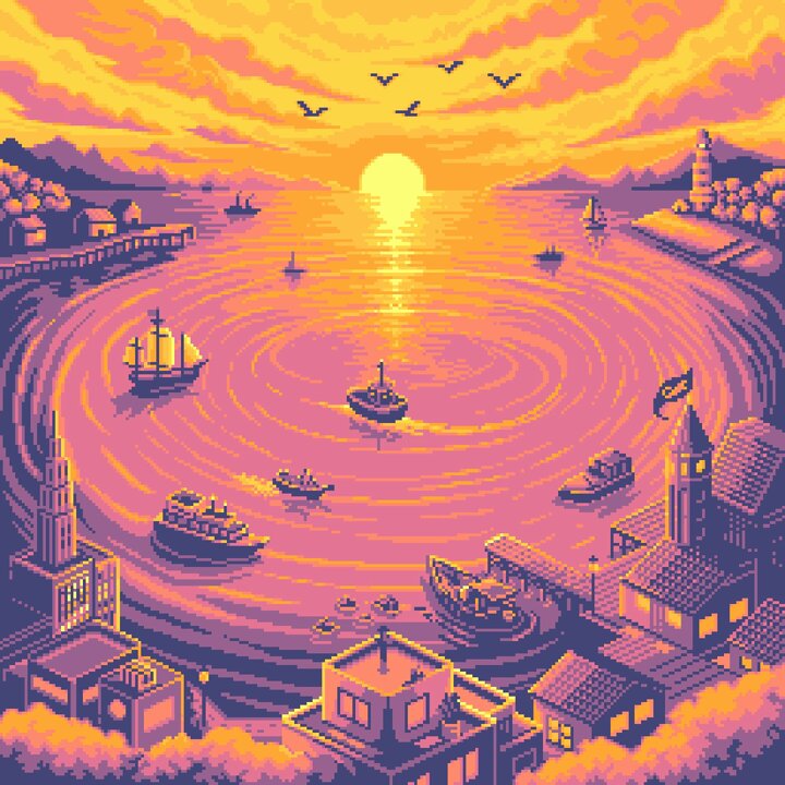 The image features a sunset over a city, with boats floating on the water below. The sun is setting behind some buildings, creating a beautiful backdrop for the scene. There are several boats scattered throughout the image, including one boat that appears to be sailing towards the shoreline. The colors in the image are predominantly purple and orange, which gives it an artistic and dreamy feel. The post seems to be related to this sunset scene, possibly discussing or analyzing the artwork.
