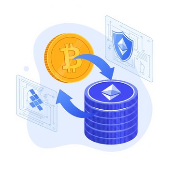 An illustration showing cryptocurrency exchange with a gold Bitcoin coin, a silver wallet icon, and blue Ethereum stacks connected by blue arrows representing transactions.