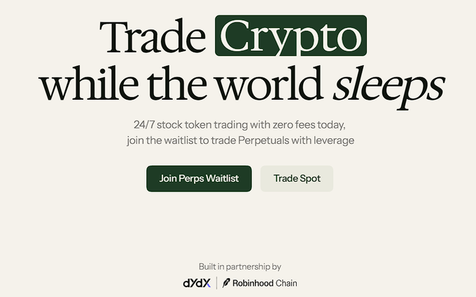 A promotional banner for Arcus featuring the headline "Trade Crypto while the world sleeps," highlighting 24/7 stock token trading with zero fees and a call to join the Perpetuals (Perps) waitlist, with branding noting it is "Built in partnership by dYdX | Robinhood Chain." The image directly illustrates Arcus's recent mainnet launch as a major PerpDEX on the Robinhood chain, emphasizing its standout feature of enabling around-the-clock stock token trading alongside crypto.