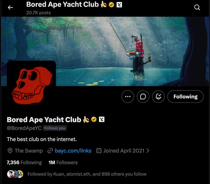 The image shows the official X/Twitter profile page for "Bored Ape Yacht Club" (@BoredApeYC), featuring 1M followers and the tagline "The best club on the internet" — directly echoing the caption's quote about the welcoming community at BAYC.