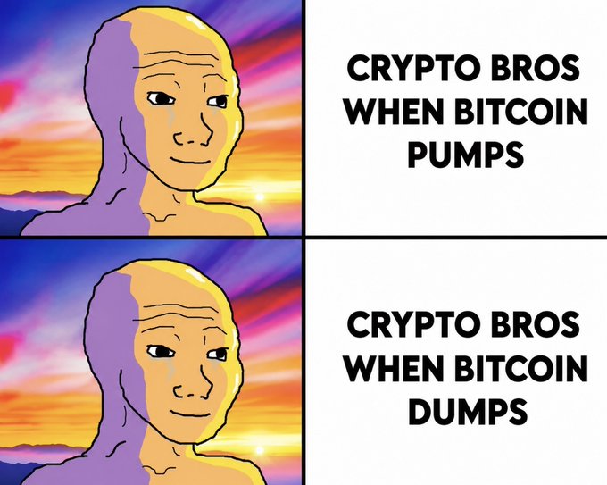 A two-panel Wojak meme shows the same stoic-looking character with identical expressions in both frames, labeled "CRYPTO BROS WHEN BITCOIN PUMPS" in the top panel and "CRYPTO BROS WHEN BITCOIN DUMPS" in the bottom panel, humorously suggesting that crypto enthusiasts maintain an unfazed, zen-like demeanor regardless of price movements.