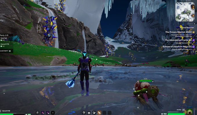 A video game screenshot showing a character in purple armor holding a staff standing in water, with a small creature companion nearby and a UI displaying objectives like 'The Frozen Obelisk (120)' and 'The Abandoned Cache (50)'.