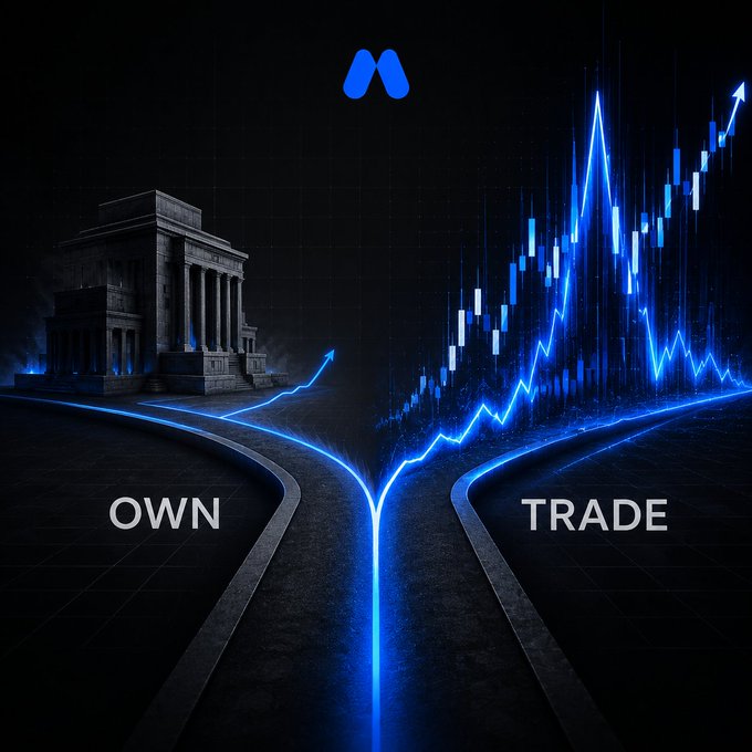 A blue glowing fork in the road splits between two paths labeled "OWN" — leading to a classical building symbolizing long-term investment (RealStocks) — and "TRADE" — leading to an ascending stock chart representing short-term volatility plays (MEXC Stock Futures). The "M" logo at the top and the blue neon aesthetic tie both options together, visually representing the choice between owning the company long-term or trading the earnings-driven price movement.