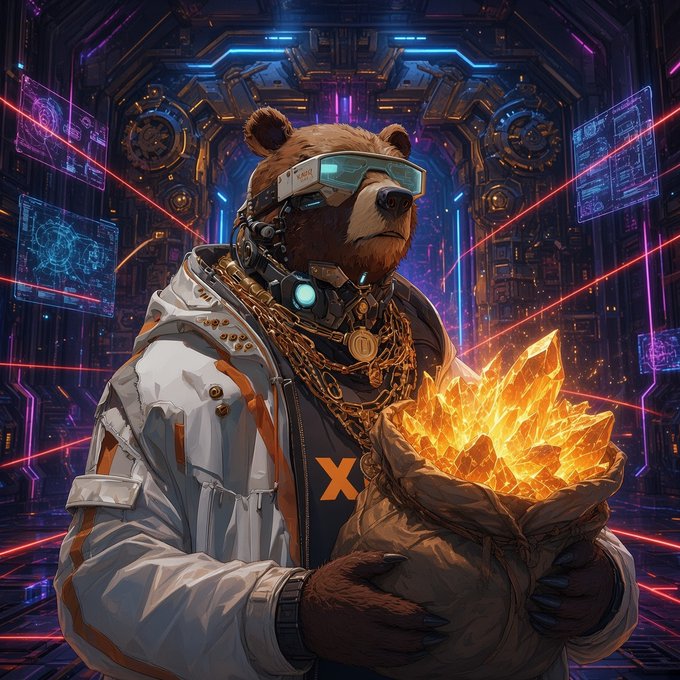 A cyberpunk-style digital illustration of a brown bear wearing futuristic VR goggles, a tech-embedded headset, and a white jacket with gold chains, holding a sack overflowing with glowing orange crystals in a neon-lit sci-fi corridor.