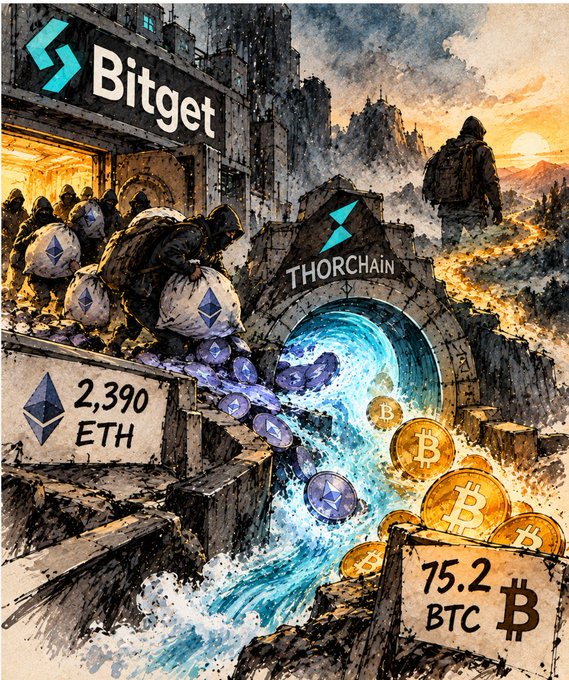 An illustrated scene showing hooded figures at a Bitget exchange stealing ETH bags (2,390 ETH) through a THORChain portal, exchanging them for Bitcoin (75.2 BTC) flowing out.
