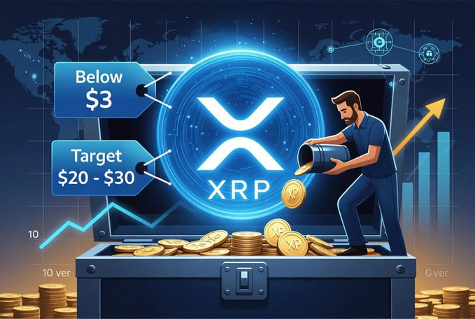 An XRP cryptocurrency graphic showing price targets of 'Below $3' and 'Target $20 - $30' with an illustrated figure pouring coins from a bucket.