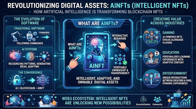 This infographic, titled “REVOLUTIONIZING DIGITAL ASSETS: AINFTs (INTELLIGENT NFTS),” shows how AI turns blockchain NFTs into interactive, adaptive, and ownable digital assets—exactly the shift described in the post about AI‑driven software behavior transforming blockchain assets.