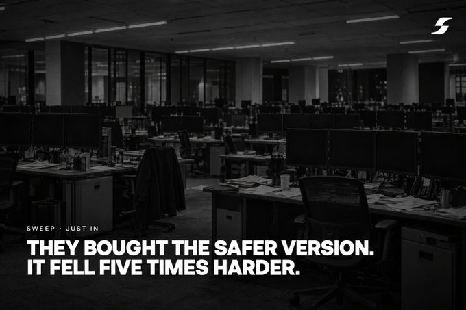A dark, empty office space with rows of desks and computer monitors, overlaid with text reading "SWEEP • JUST IN" and "THEY BOUGHT THE SAFER VERSION. IT FELL FIVE TIMES HARDER."