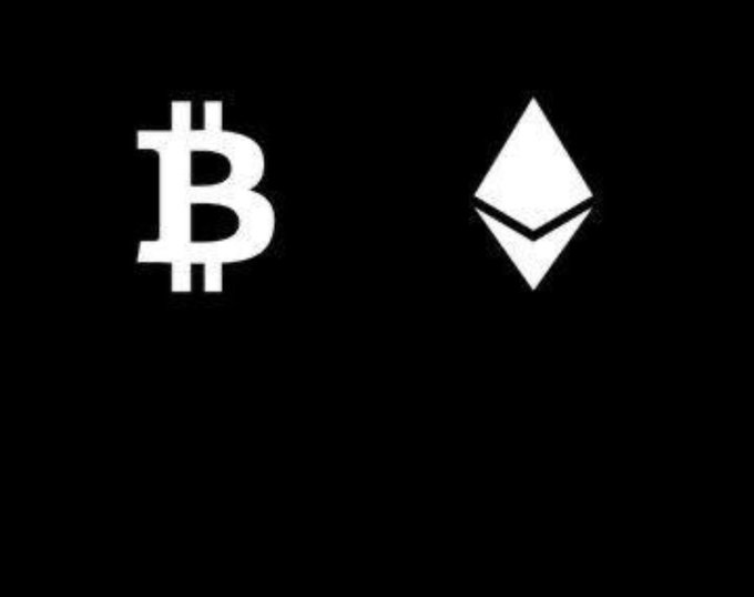 The Bitcoin (₿) and Ethereum (Ξ) cryptocurrency symbols displayed in white on a solid black background.