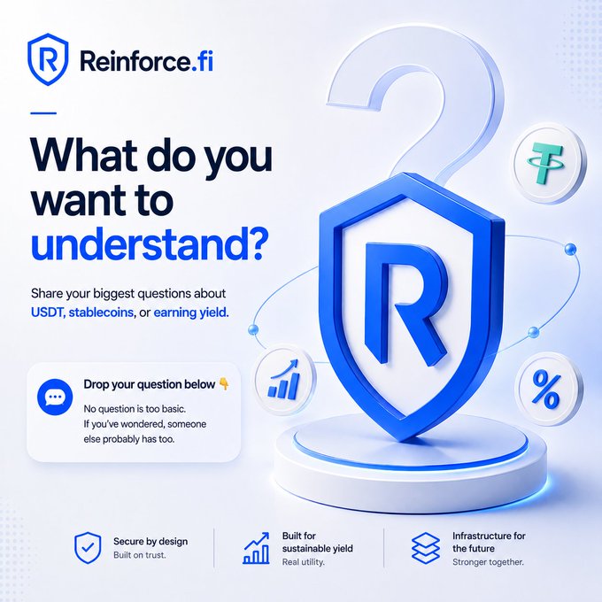 A promotional graphic for 'Reinforce.fi' asking 'What do you want to understand?' about USDT, stablecoins, or earning yield, featuring a blue 3D shield logo with an 'R' and icons for financial metrics.