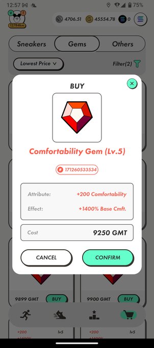 A mobile game screen shows a "BUY" dialog for a "Comfortability Gem (Lv.5)" costing "9250 GMT" with +200 Comfortability attribute.