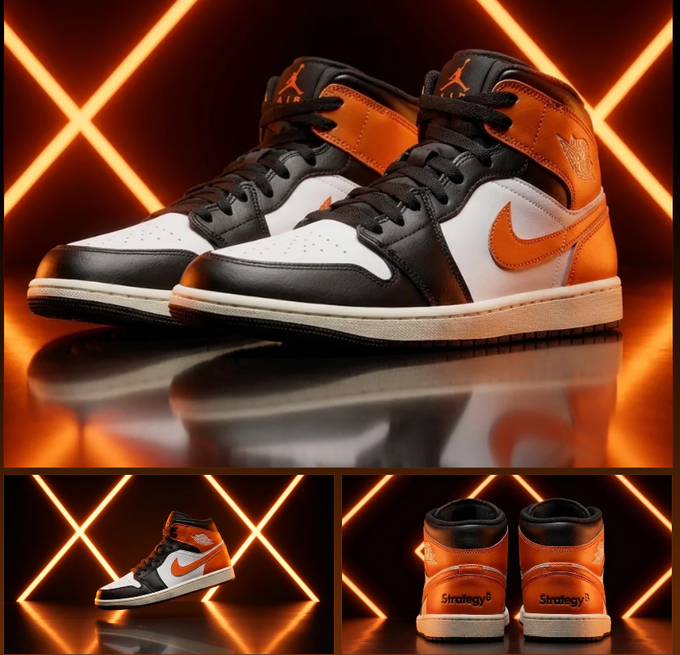 A multi-panel product display of Air Jordan 1 Mid sneakers featuring a black, white, and orange colorway, with 'Strategy' branding visible on the heels and an X-pattern neon orange background.