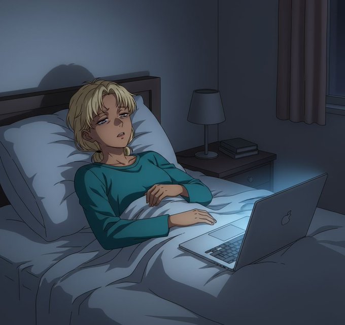 The image features a woman lying in bed with her head resting on a pillow, using a laptop computer that is placed next to her. The scene takes place at night, as indicated by the dark background. The woman appears to be looking sad or contemplative while using her laptop.