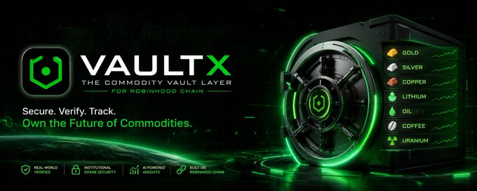 A promotional banner for 'VAULT X - The Commodity Vault Layer for Robinhood Chain' featuring a green glowing vault with tracked commodities including Gold, Silver, Copper, Lithium, Oil, Coffee, and Uranium.