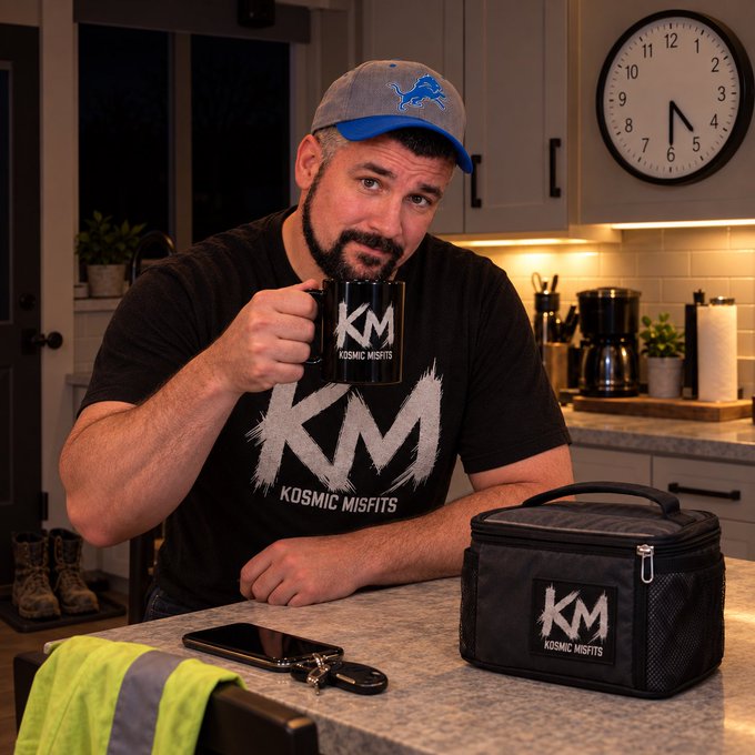 A man wearing a "KM Kosmic Misfits" t-shirt and Detroit Lions cap drinks from a matching KM mug in his kitchen, alongside a coordinating KM lunch bag, set against a wall clock showing early morning—capturing his groggy "dragging my ass through work" vibe after staying up late watching football.
