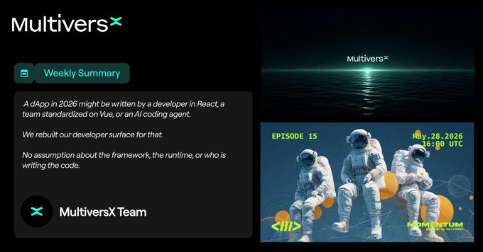 The image shows a screenshot of a website displaying information about a MultiversX team called "MultiversX Team" at the bottom, featuring details such as the summary, weekly summary, and codebase title.